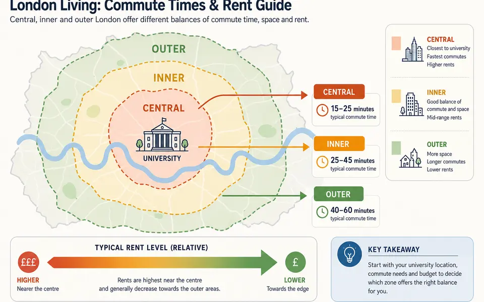 Stylised map of London showing central, inner and outer zones with arrows indicating typical commute times and relative rents.