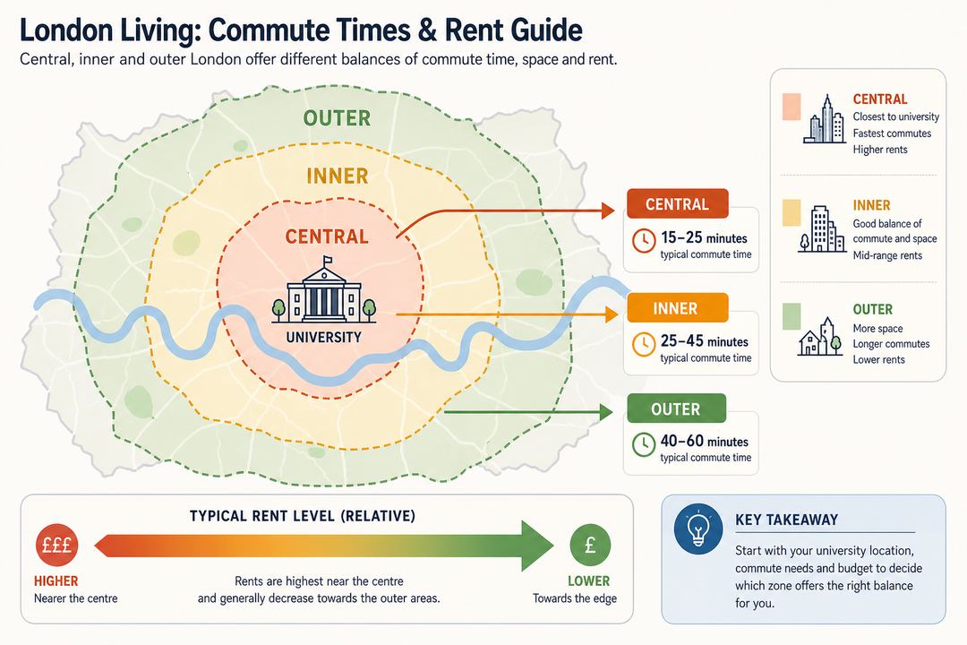 Stylised map of London showing central, inner and outer zones with arrows indicating typical commute times and relative rents.