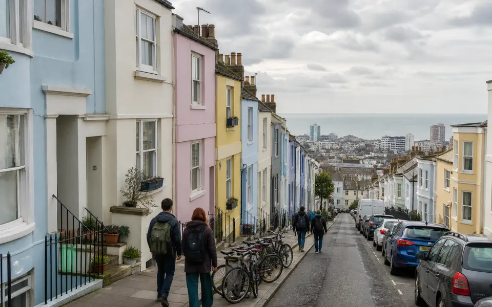 Colourful terraced houses on a hilly Brighton street with a view down towards the sea, typical of student areas like Hanover.