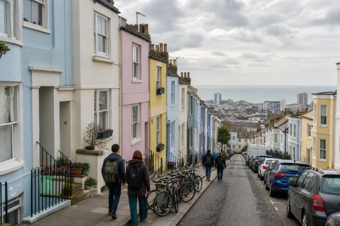 Colourful terraced houses on a hilly Brighton street with a view down towards the sea, typical of student areas like Hanover.