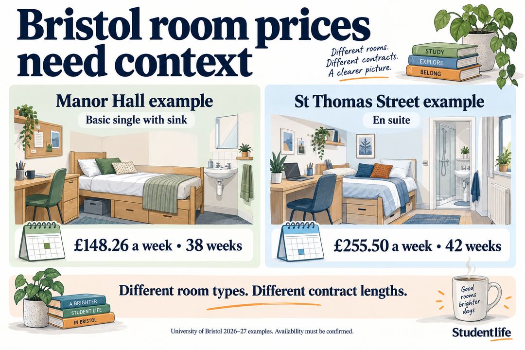 Bristol rent comparison showing Manor Hall and St Thomas Street with their different room types contract lengths and totals