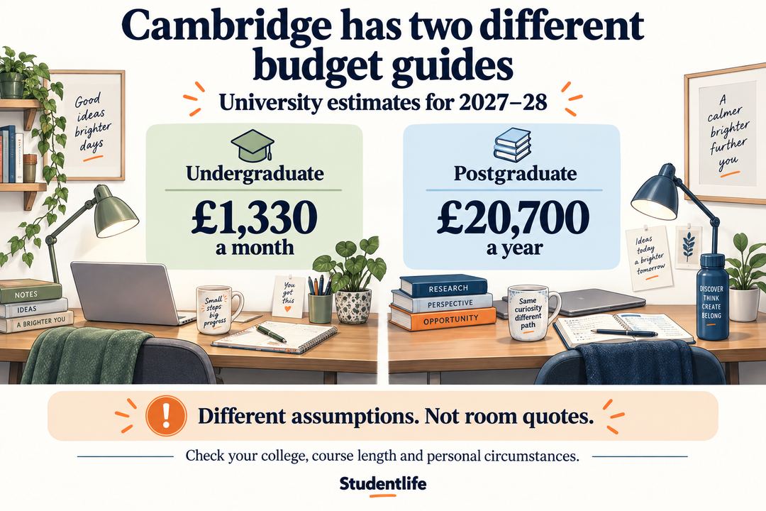 Cambridge infographic distinguishing the university’s 2027 to 2028 undergraduate and postgraduate living cost estimates