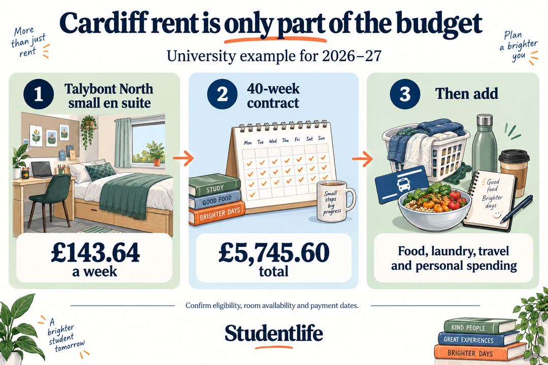 Cardiff budget infographic showing the 2026 to 2027 Talybont North small en suite rate and its 40 week total