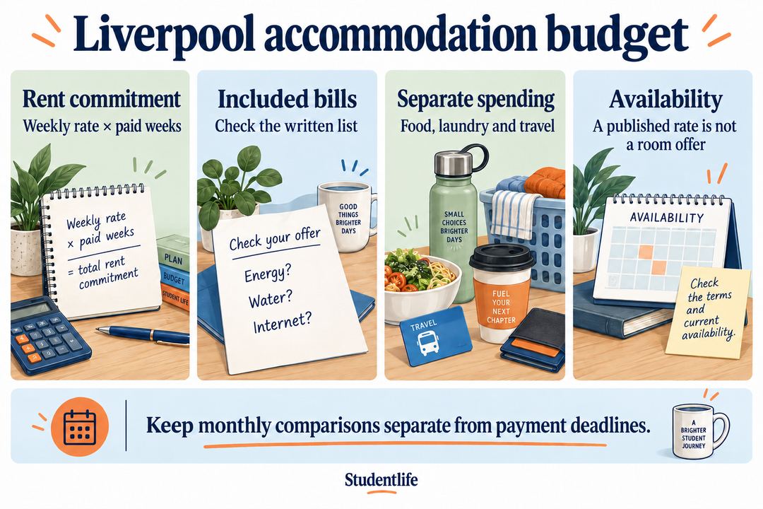 Liverpool cost infographic distinguishing published rent, monthly comparison and separate spending