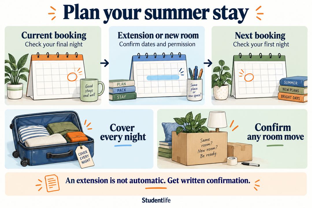 Summer accommodation timeline showing current booking, an approved extension or new room, and the next booking