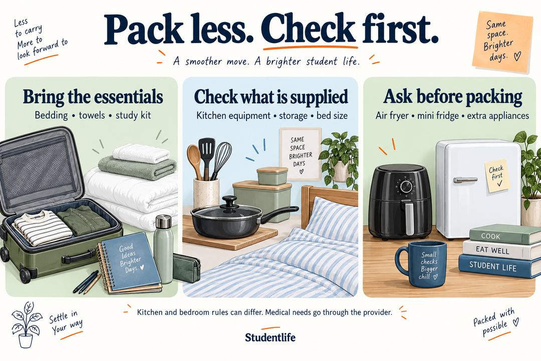 Student accommodation packing guide separating essentials, supplied items and appliances needing approval
