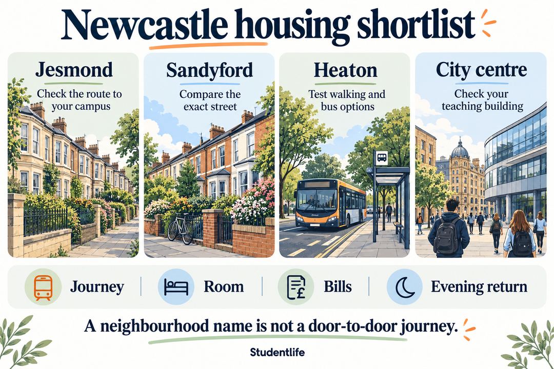 Newcastle neighbourhood checklist comparing Jesmond, Sandyford, Heaton and the city centre