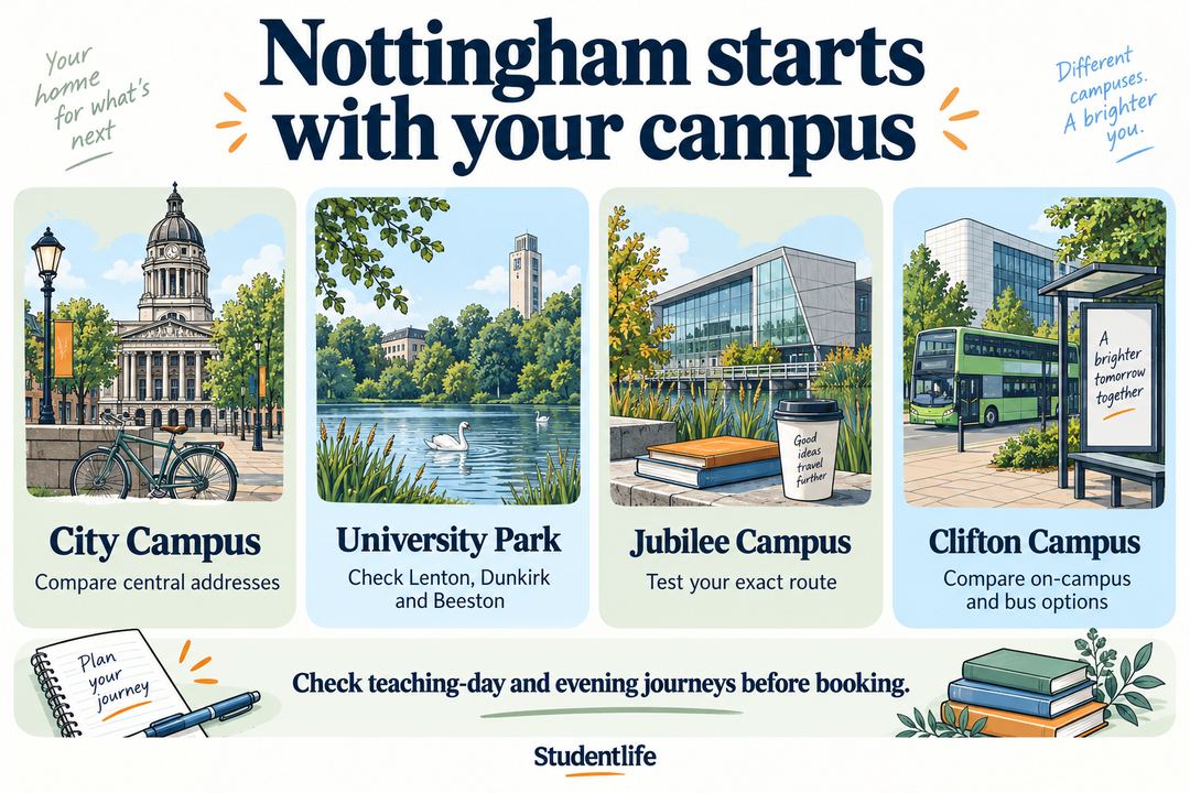 Nottingham campus-first housing infographic covering City Campus, University Park, Jubilee and Clifton