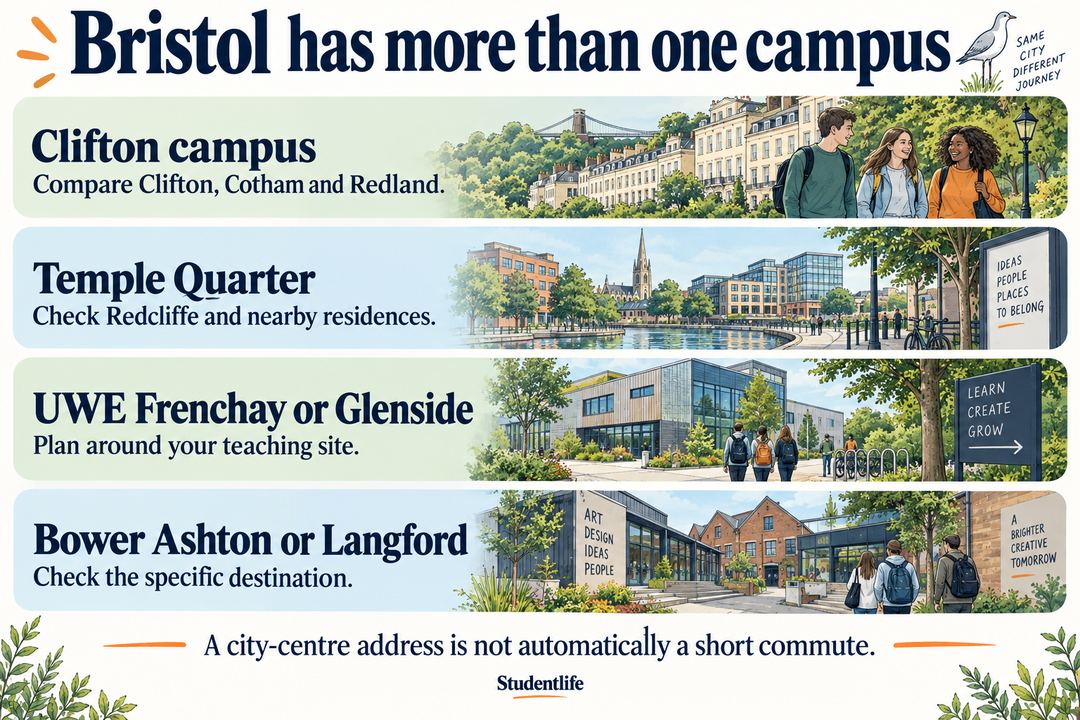 Bristol campus first accommodation guide comparing Clifton Temple Quarter UWE campuses and outlying teaching sites