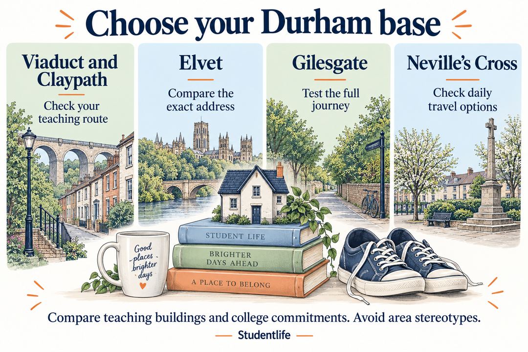 Durham student neighbourhood guide linking Viaduct Claypath Elvet Gilesgate and Neville’s Cross to practical location checks