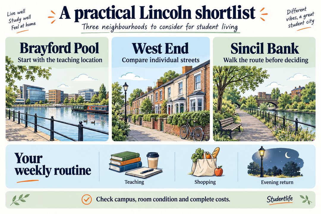 Lincoln student location checklist comparing Brayford Pool West End and Sincil Bank with route and property checks