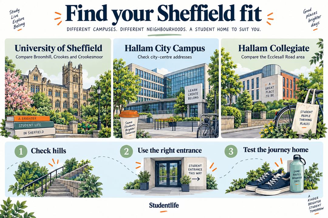 Sheffield housing comparison organised around the University of Sheffield and Hallam's two campuses