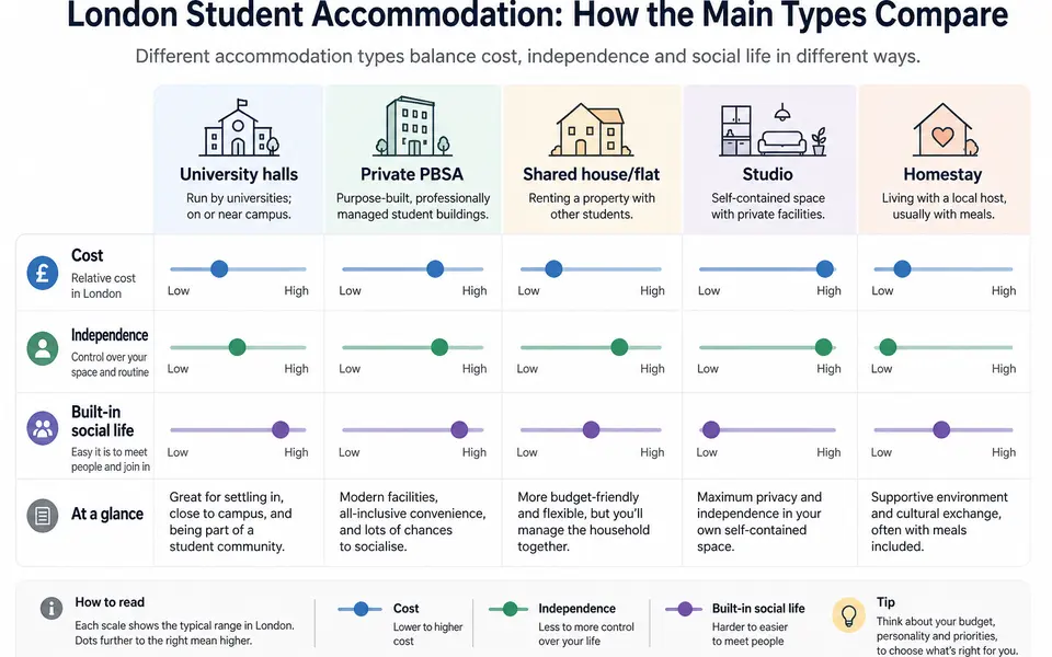 Comparison chart showing London student accommodation types ranked by cost, independence and built-in social life.