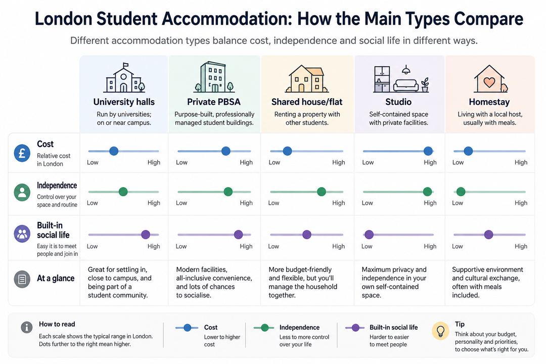 Comparison chart showing London student accommodation types ranked by cost, independence and built-in social life.