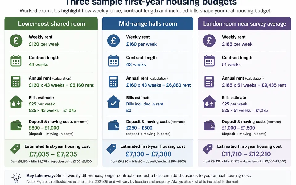 Side-by-side diagrams showing three student housing budget examples: a lower-cost shared room, a mid-range halls room with bills included, and a London room near the average, each broken down into rent, bills and deposit.