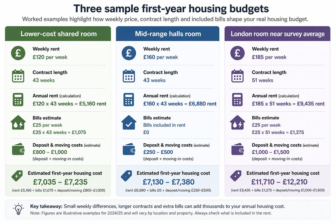 Side-by-side diagrams showing three student housing budget examples: a lower-cost shared room, a mid-range halls room with bills included, and a London room near the average, each broken down into rent, bills and deposit.