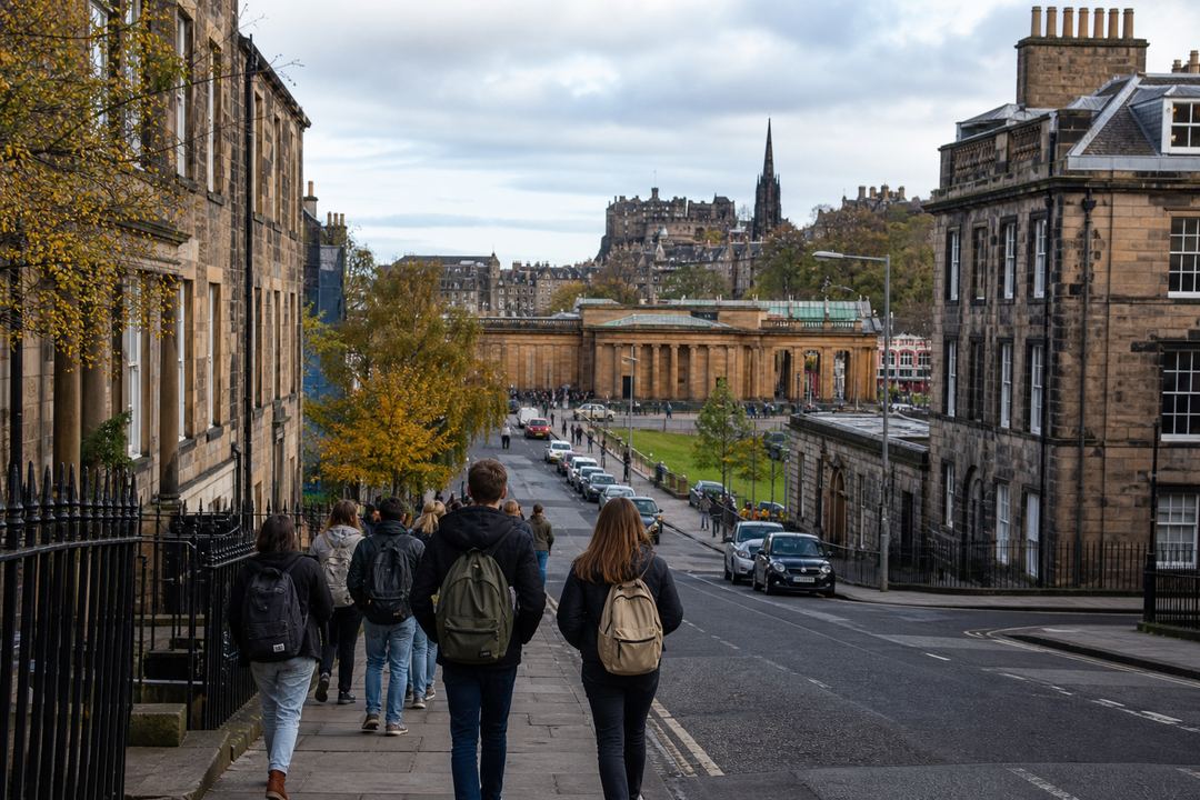 View over central Edinburgh with historic buildings, a university campus area and students walking along a city street.