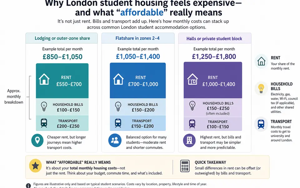Infographic comparing example total monthly housing costs for three London student accommodation options, with stacked bars for rent, bills and transport.