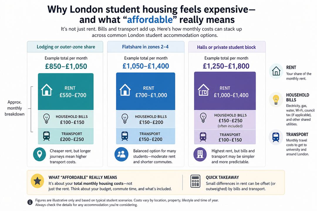 Infographic comparing example total monthly housing costs for three London student accommodation options, with stacked bars for rent, bills and transport.