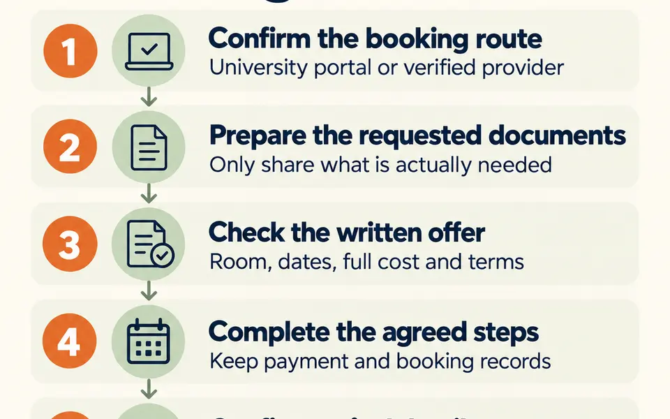 Booking checklist: confirm route, prepare requested documents, check written offer, complete agreed steps and confirm arrival details.