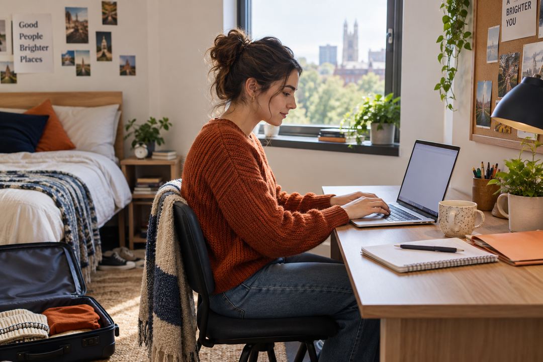 AI-created editorial scene of a student preparing an accommodation application at a laptop.