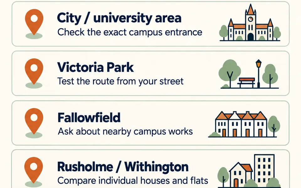 Manchester shortlist checklist: City and university area, Victoria Park, Fallowfield, and Rusholme or Withington; compare routes, total cost and room details.