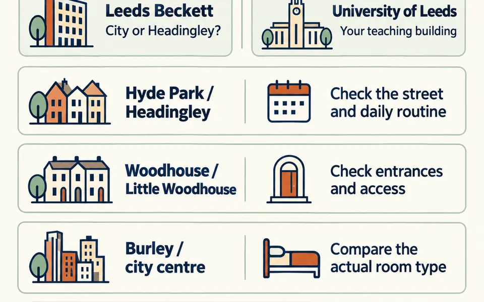Leeds campus-first housing checklist covering Hyde Park, Headingley, Woodhouse, Little Woodhouse, Burley and the city centre.