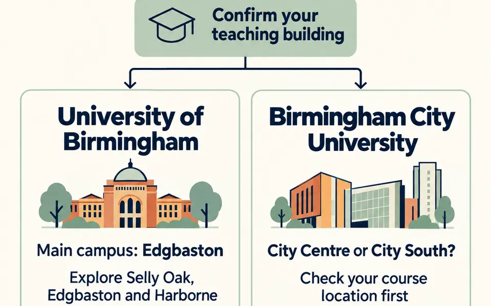Birmingham campus-first checklist distinguishing University of Birmingham in Edgbaston from BCU City Centre and City South.