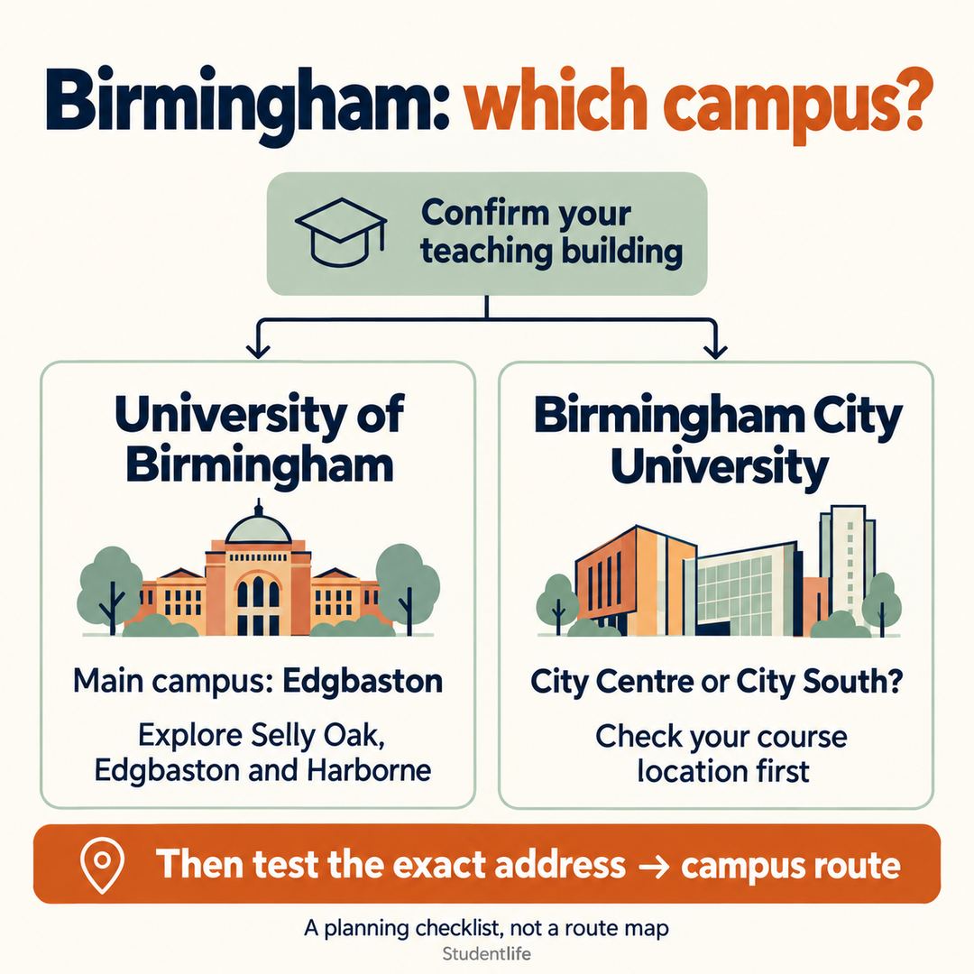 Birmingham campus-first checklist distinguishing University of Birmingham in Edgbaston from BCU City Centre and City South.