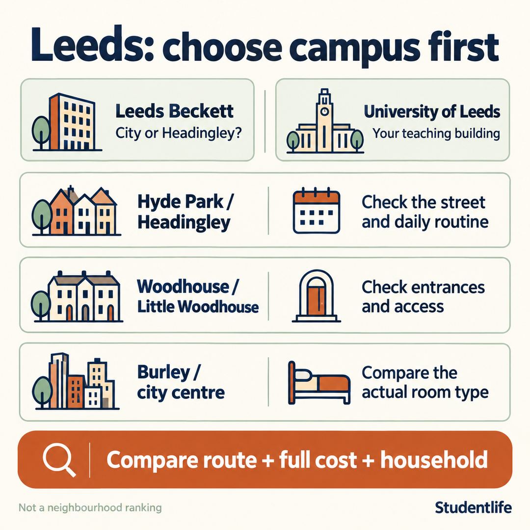 Leeds campus-first housing checklist covering Hyde Park, Headingley, Woodhouse, Little Woodhouse, Burley and the city centre.