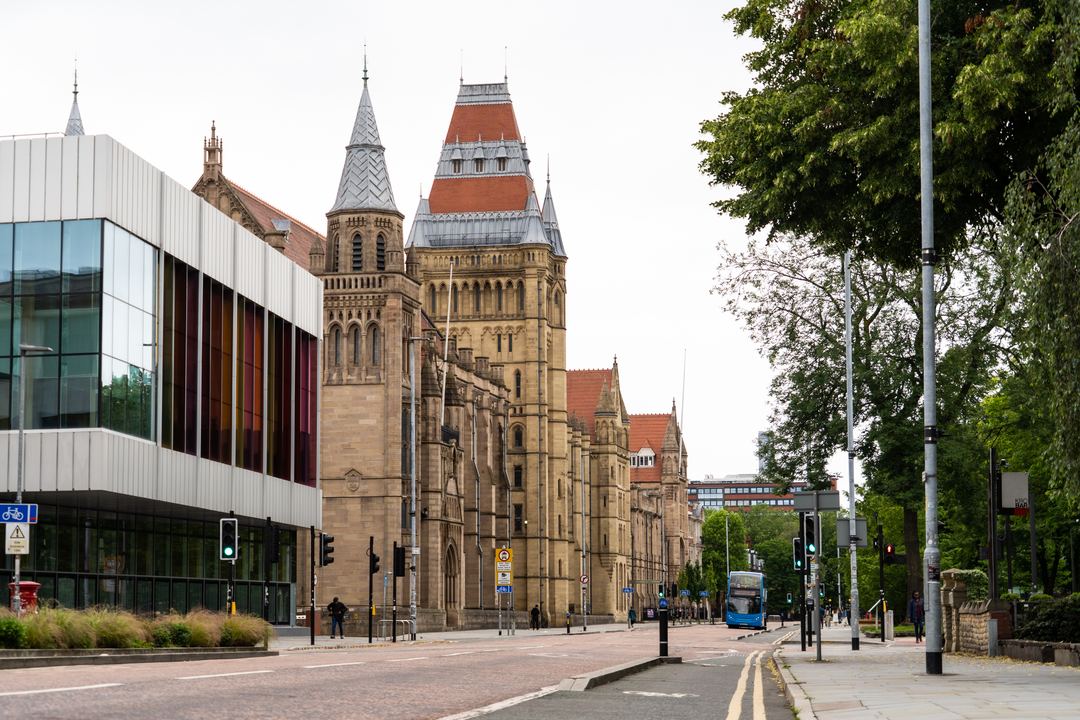 Oxford Road towards University of Manchester buildings, photographed in 2020.
