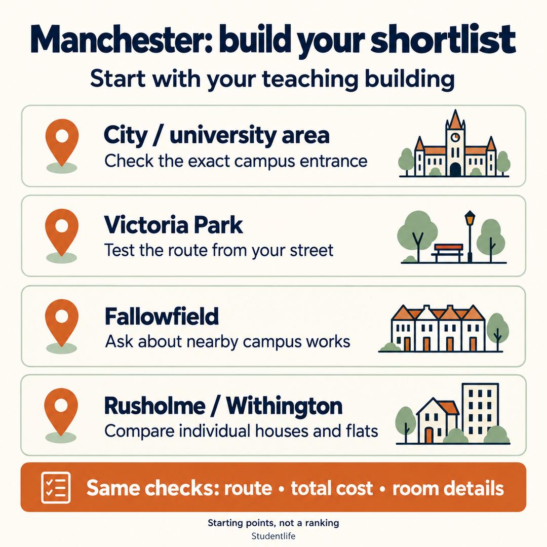 Manchester shortlist checklist: City and university area, Victoria Park, Fallowfield, and Rusholme or Withington; compare routes, total cost and room details.