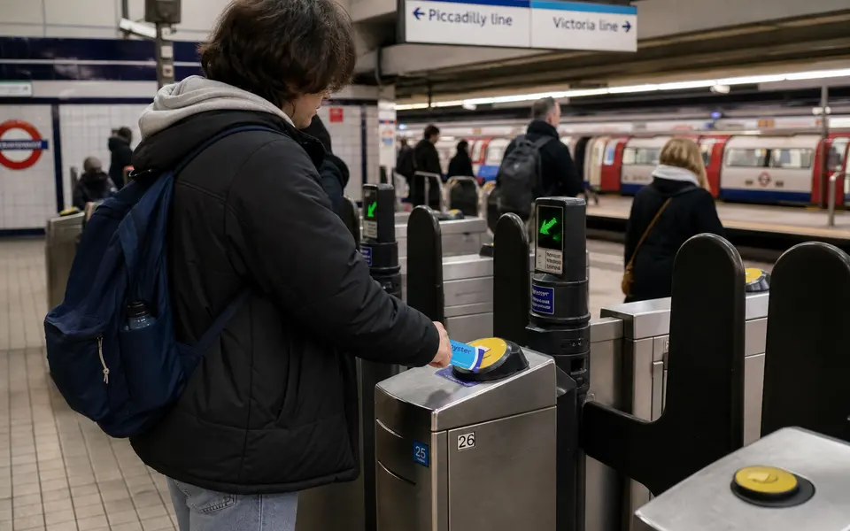 Student tapping an Oyster card at the barrier in a busy London Tube station.