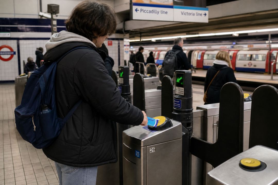 Student tapping an Oyster card at the barrier in a busy London Tube station.