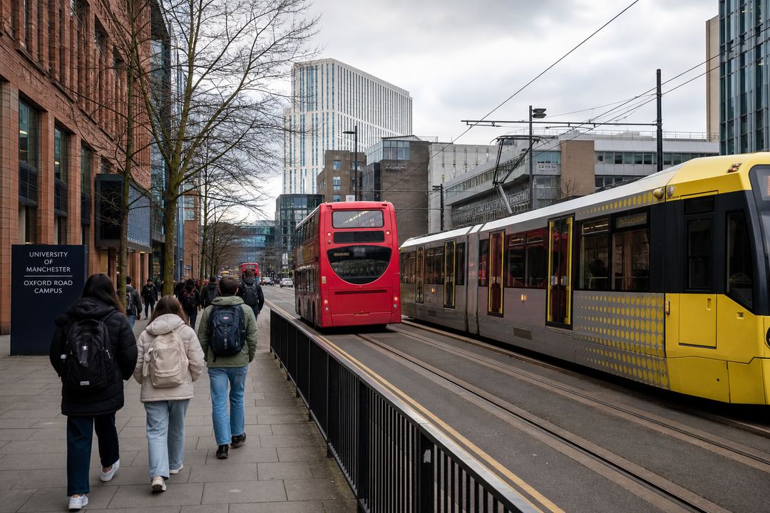 Oxford Road in Manchester with buses, a tram line and students walking near university buildings.