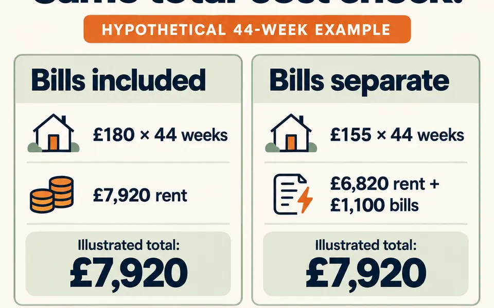 Hypothetical 44-week comparison: £7,920 bills-included rent versus £6,820 rent plus £1,100 bills; both total £7,920.