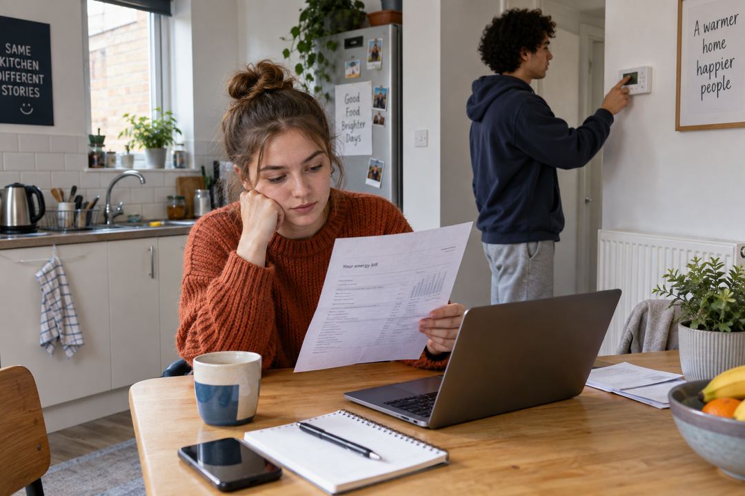 AI-created editorial scene of students checking a household bill and thermostat.