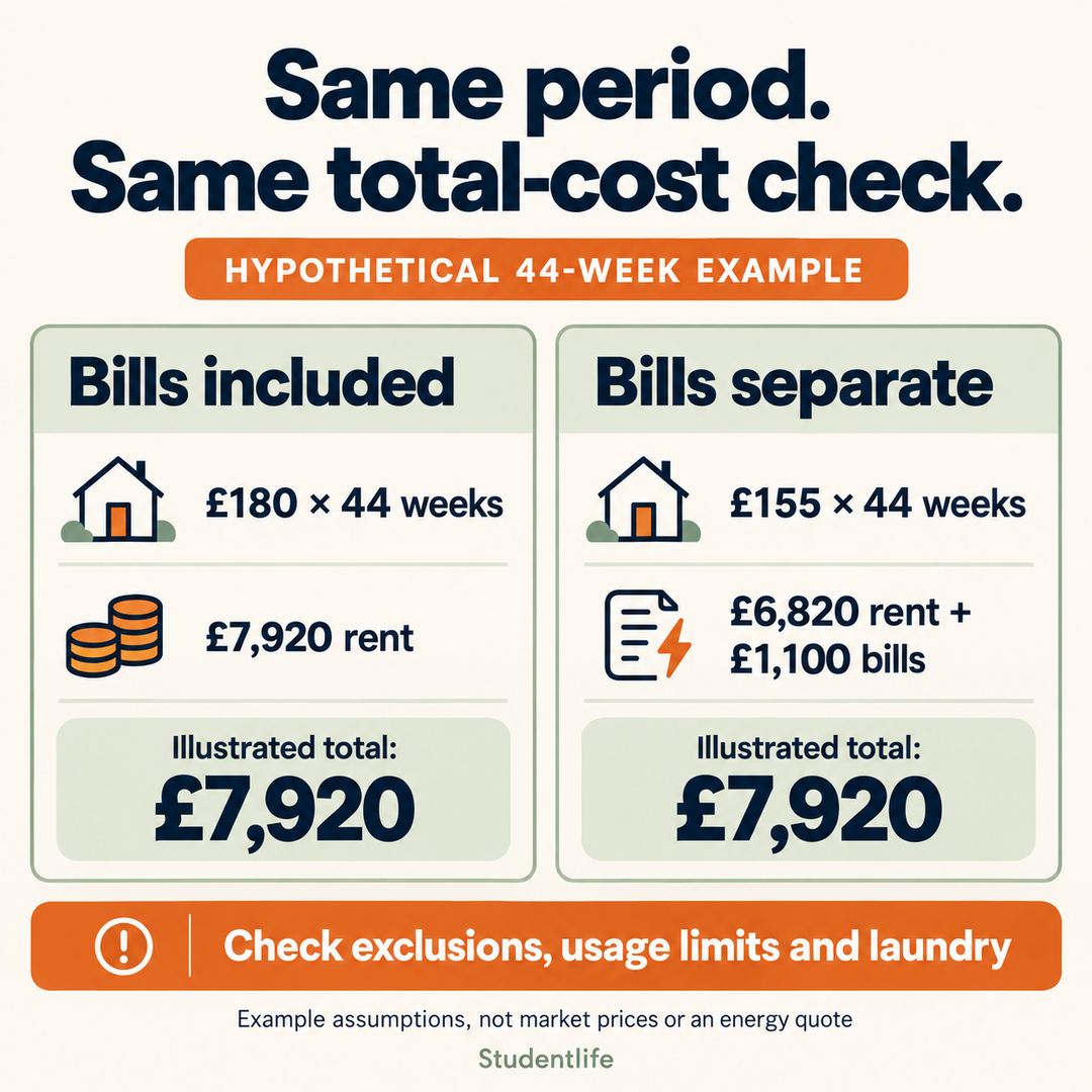 Hypothetical 44-week comparison: £7,920 bills-included rent versus £6,820 rent plus £1,100 bills; both total £7,920.