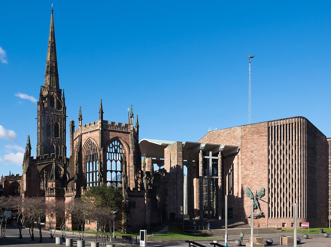The old and new Coventry Cathedral buildings, photographed in 2018.