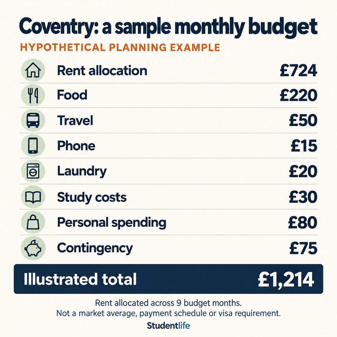 Hypothetical monthly budget: rent £724, food £220, travel £50, phone £15, laundry £20, study £30, personal £80, contingency £75; total £1,214.