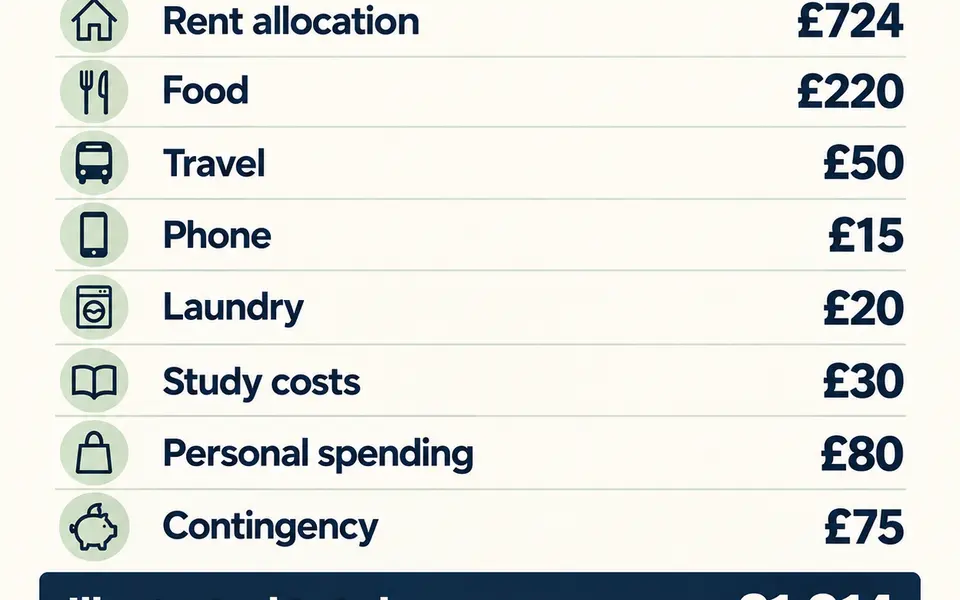 Hypothetical monthly budget: rent £724, food £220, travel £50, phone £15, laundry £20, study £30, personal £80, contingency £75; total £1,214.