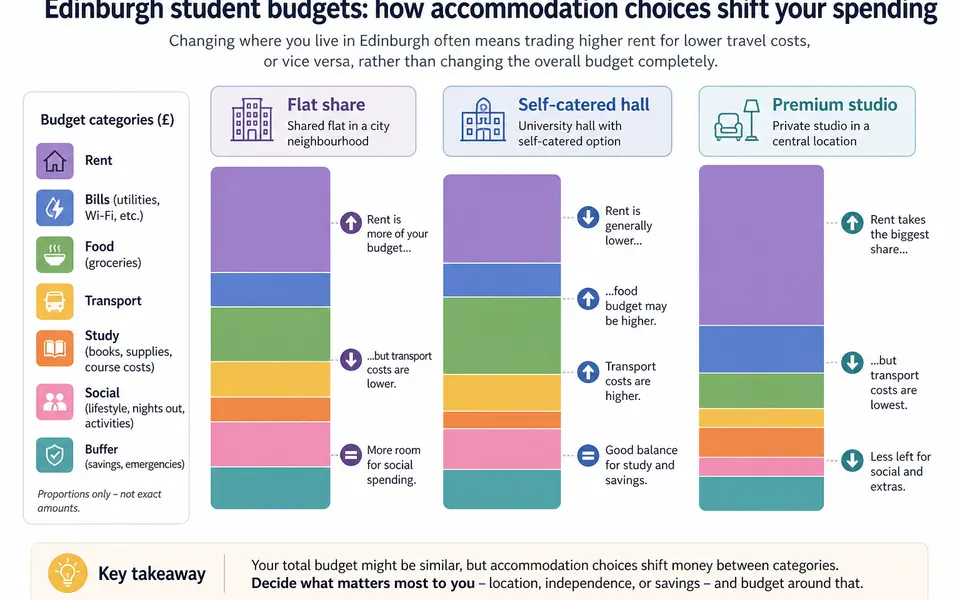 Infographic comparing three Edinburgh student budget scenarios: flat share, self-catered hall, and premium studio.