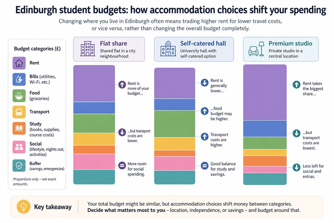 Infographic comparing three Edinburgh student budget scenarios: flat share, self-catered hall, and premium studio.