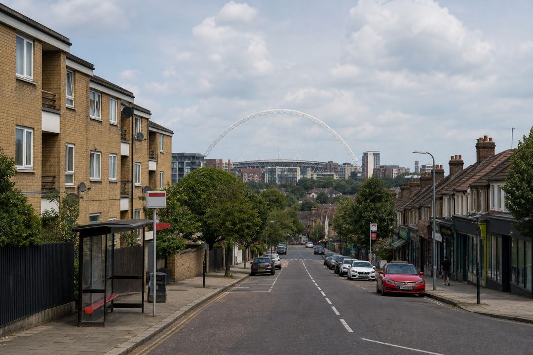 Residential street in Wembley or Harrow with mid-rise brick flats and the Wembley Stadium arch in the distance.