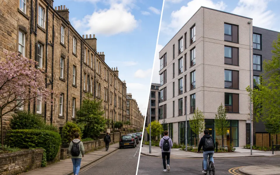Traditional Edinburgh tenement buildings and a modern student residence near a university campus.