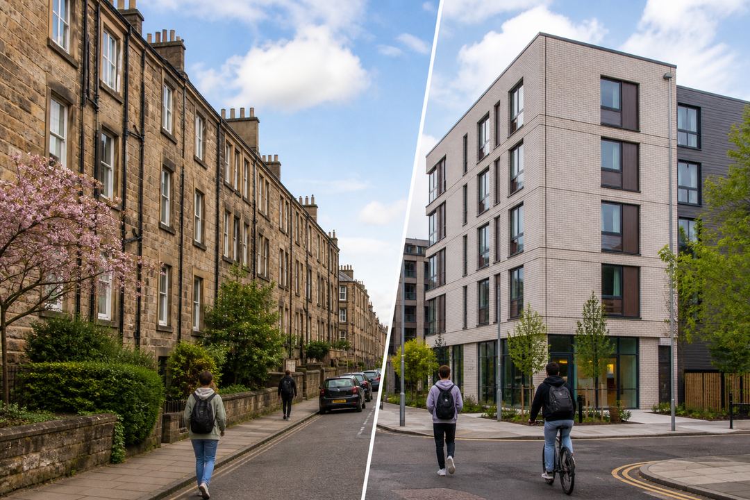 Traditional Edinburgh tenement buildings and a modern student residence near a university campus.