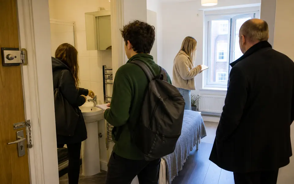 Group of students viewing a modest London flat, checking the bathroom and windows while an agent looks on.