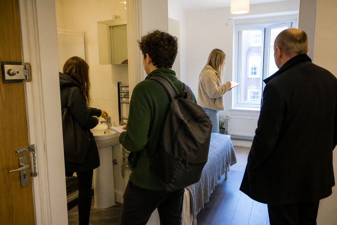 Group of students viewing a modest London flat, checking the bathroom and windows while an agent looks on.