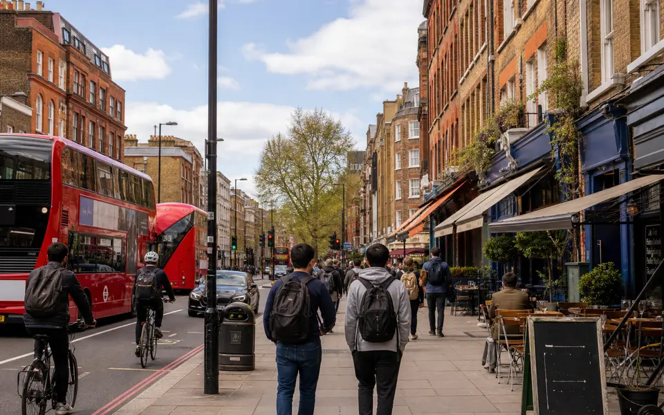 Daytime street scene in a London neighbourhood like Angel, with buses, cafés, restaurants and people walking along the pavement.