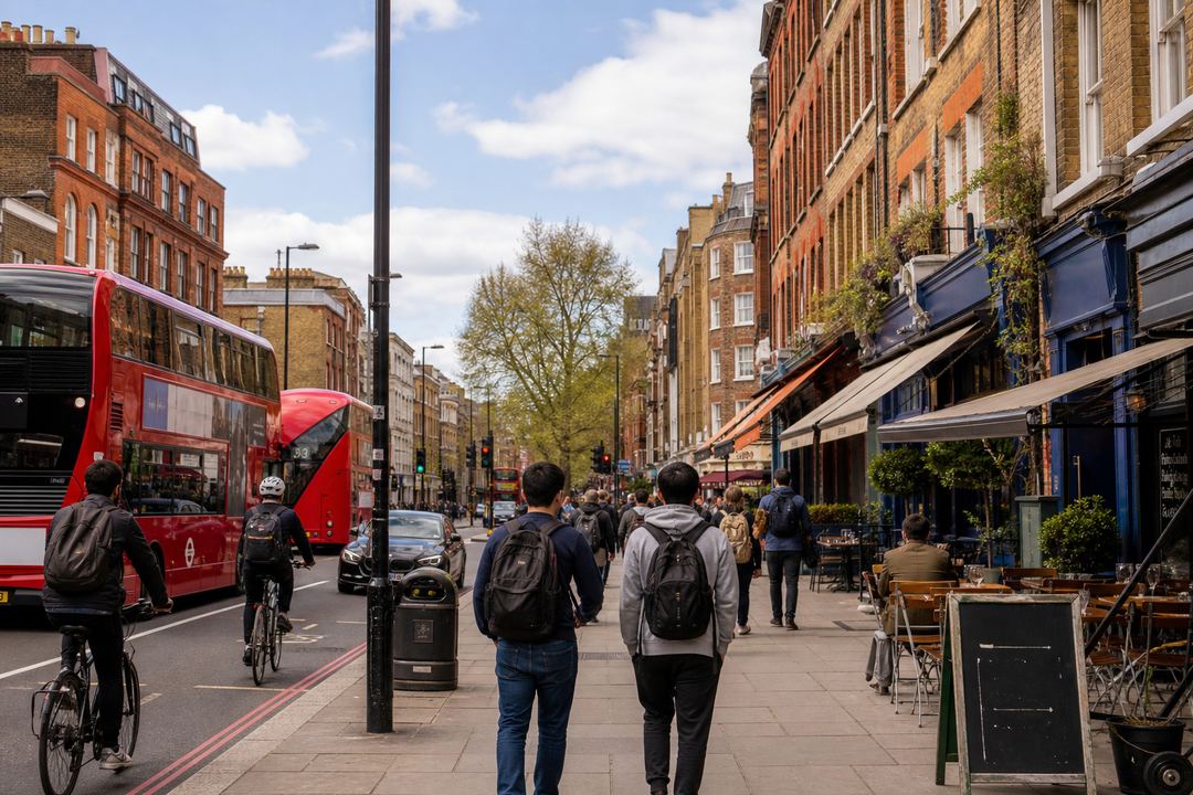 Daytime street scene in a London neighbourhood like Angel, with buses, cafés, restaurants and people walking along the pavement.